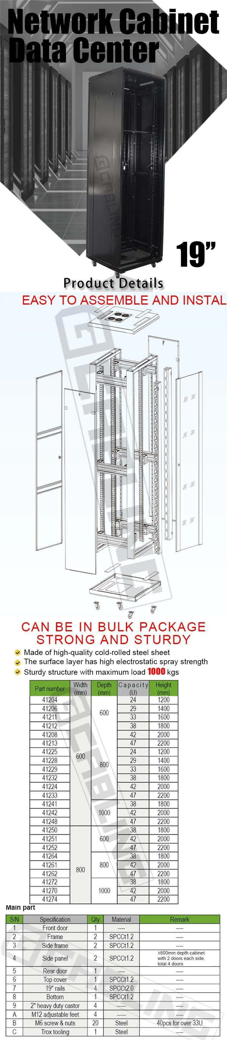 Gcabling Data Szies Floor Standing 19 Inch 24u 29u 33u 38u 42u Lockable Network Center Server Rack Cabinet