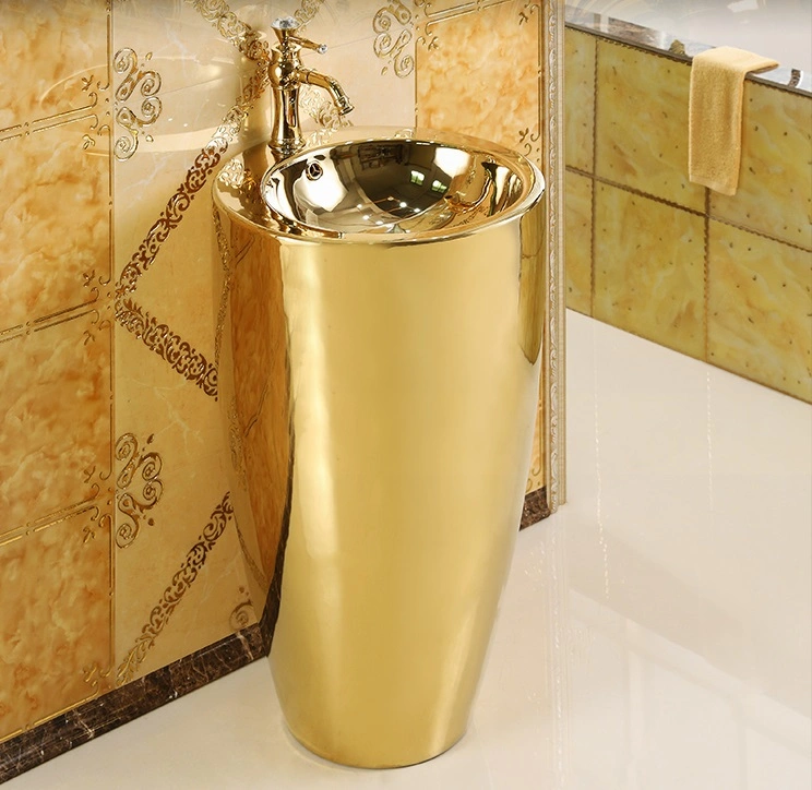 Modern Art Floor Standing Sanitary Ceramics Round Circular Golden Pedestal Wash Basin for Hotel