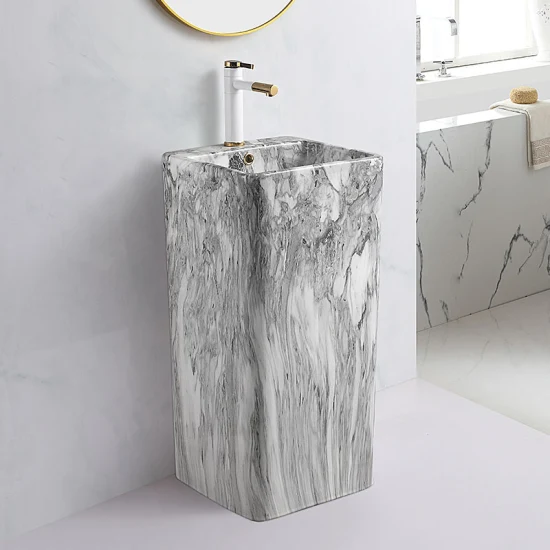 Évier en céramique de piédestal de couleur de marbre de luxe forme carrée support moderne simple bassin de piédestal de salle de bains d'une seule pièce